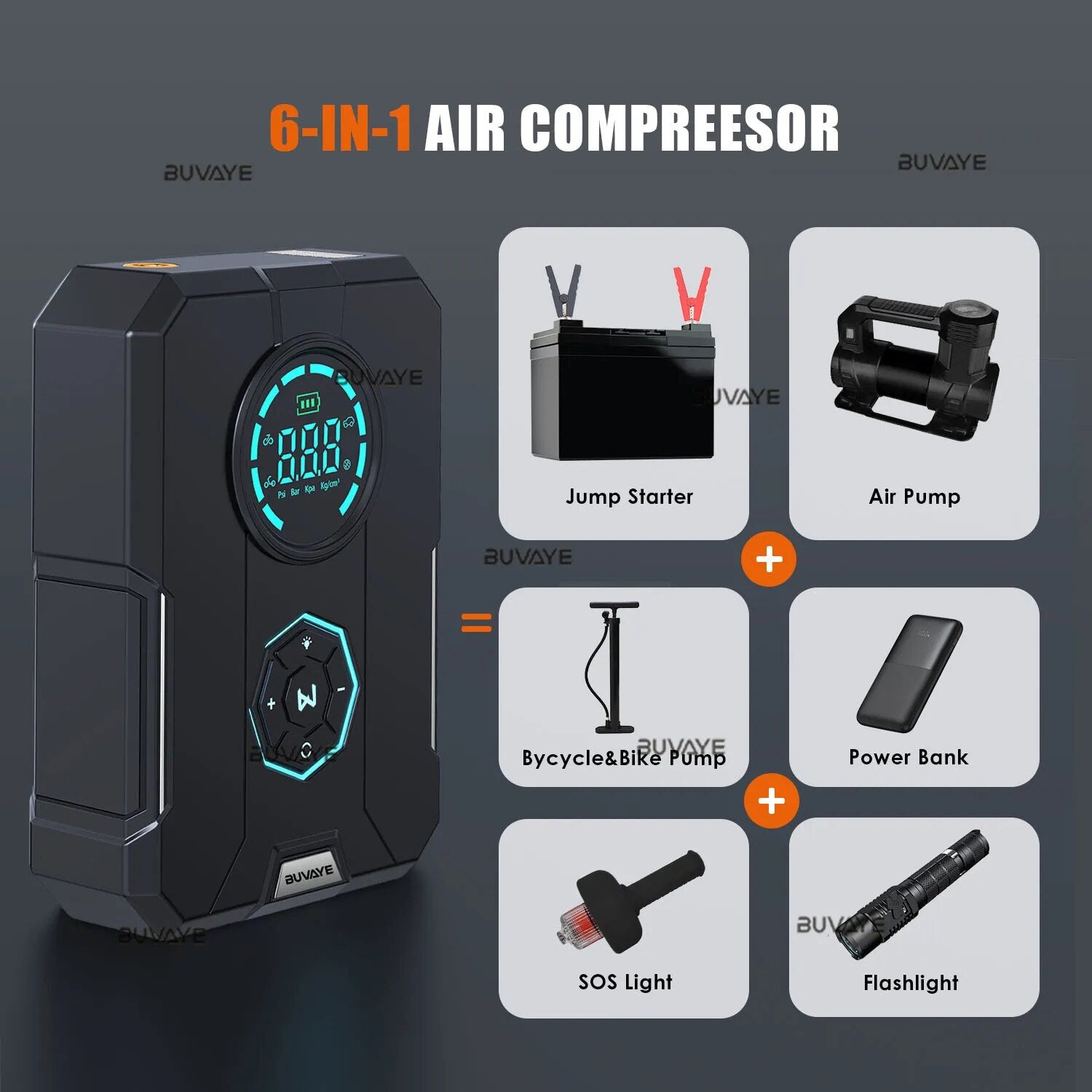 BUVAYE 6 In 1 Car Jump Starter Air Pump Portable Air Compressor Power Bank Cars Battery Starters Starting Auto Tyre Inflator
