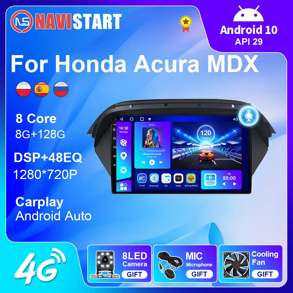 NAVISTART Car Radio For Honda Acura MDX 2007 - 2013 Multimedia Android Video 4G WIFI BT GPS DSP Player With Screen No DVD 2 Din