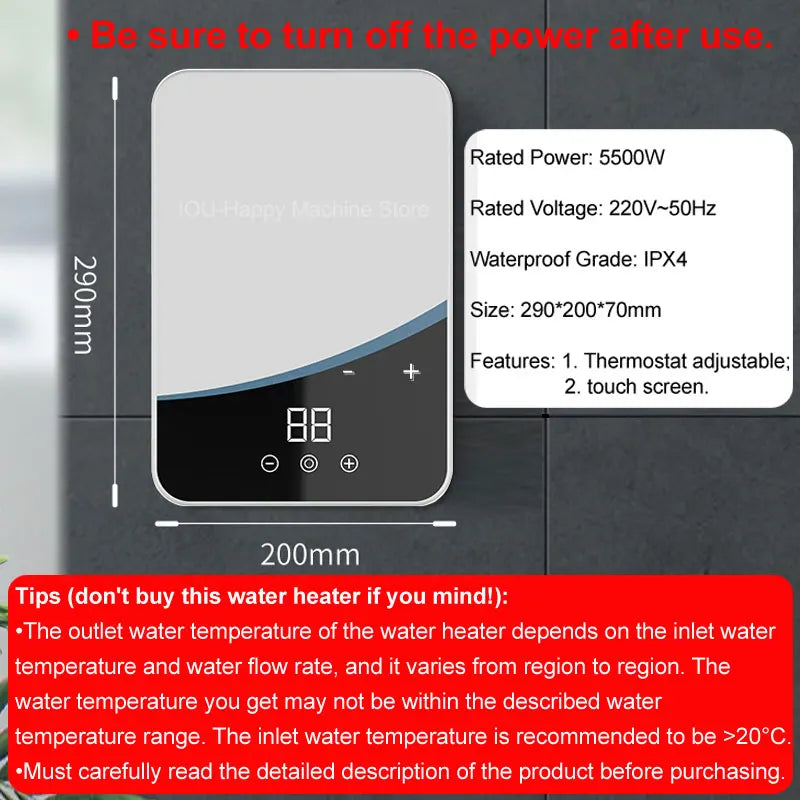 5500W Temperature Adjustable Instant Tankless Electric Hot Water Heater Kitchen Bathroom Shower Hot Water Fast Heating EU Plug
