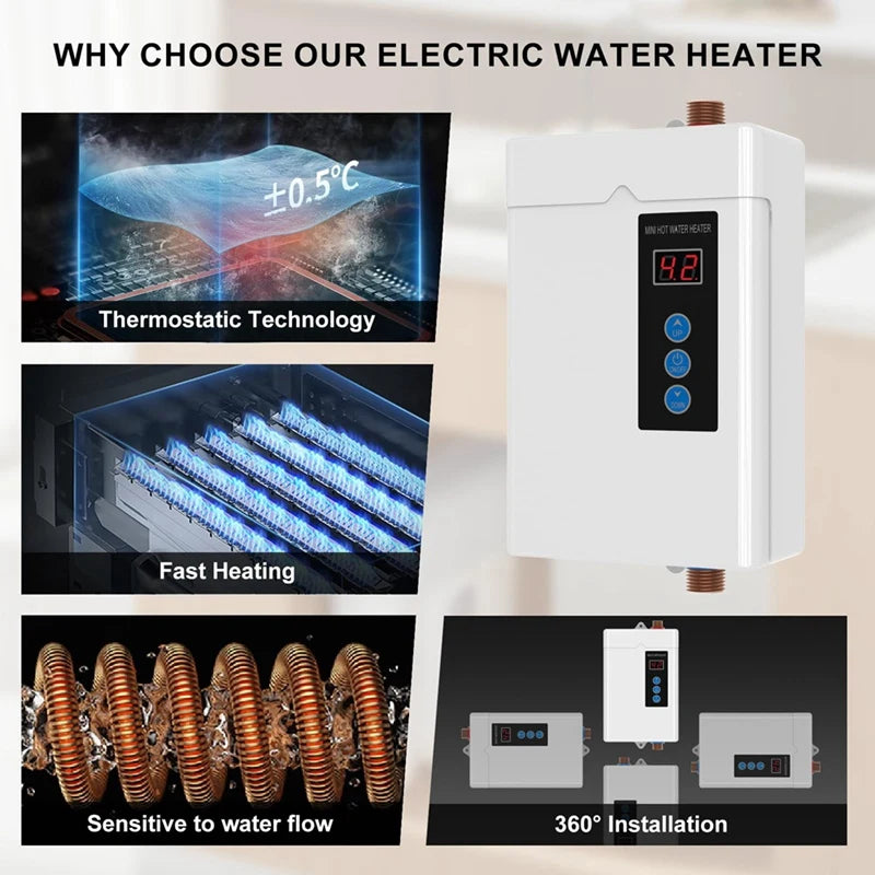 US Plug,3000W Tankless Water Heater Electric,Instant Hot Water Heater With Remote Control, LCD Touch Screen Water Heat