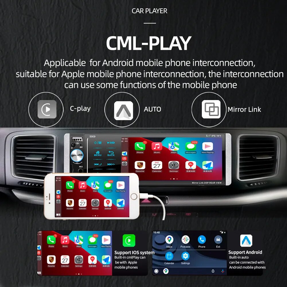 Ptopoyun 5.1 Inch Car Multimedia MP5 Player IPS Touch Screen 1 Din Radio Carplay Bluetooth Autoradio FM Audio Stereo Receiver