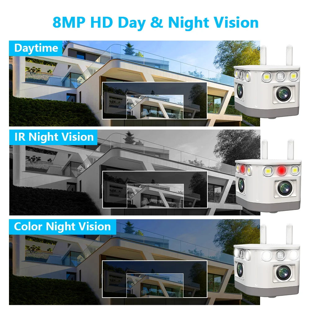 LMAKOOK 4K 8MP WIFI Dual Lens Outdoor Camera 180 Ultra Wide View Panoramic AI Human Tracking Security Bullet Camera