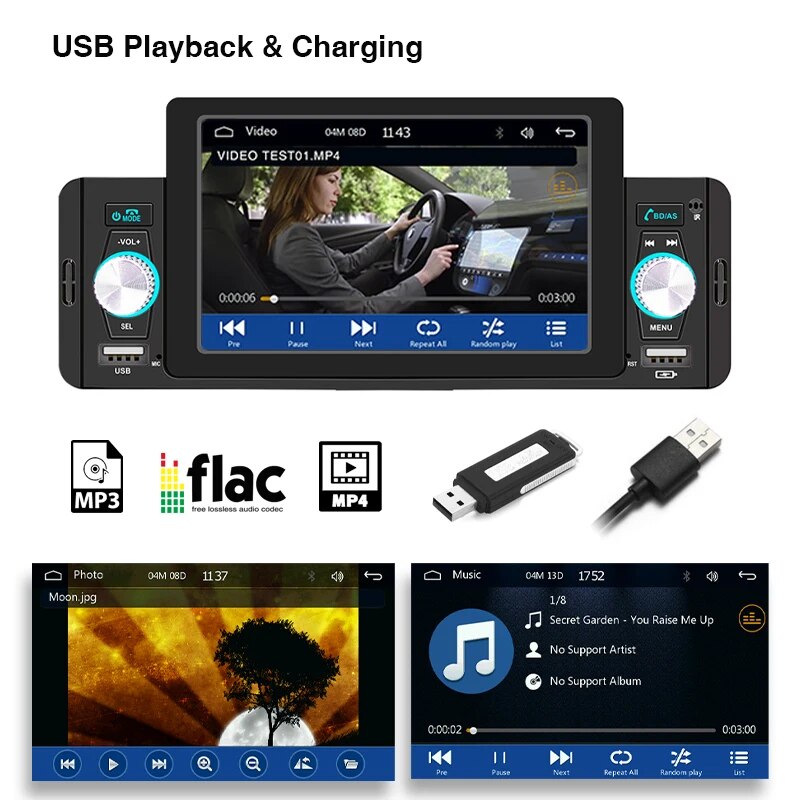 1 Din 5" CarPlay Radio Car Stereo Bluetooth MP5 Player Android-Auto Hands Free A2DP USB FM Receiver Audio System Head Unit F160C