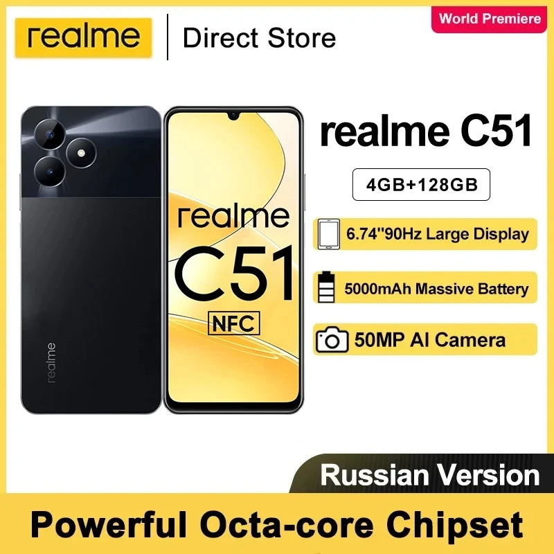 realme C51 4G 6.74'' Smartphone 90Hz Display 4GB 128GB 33W SUPERVOOC Charge 5000mAh Battery 50MP AI Camera Moblie Phone