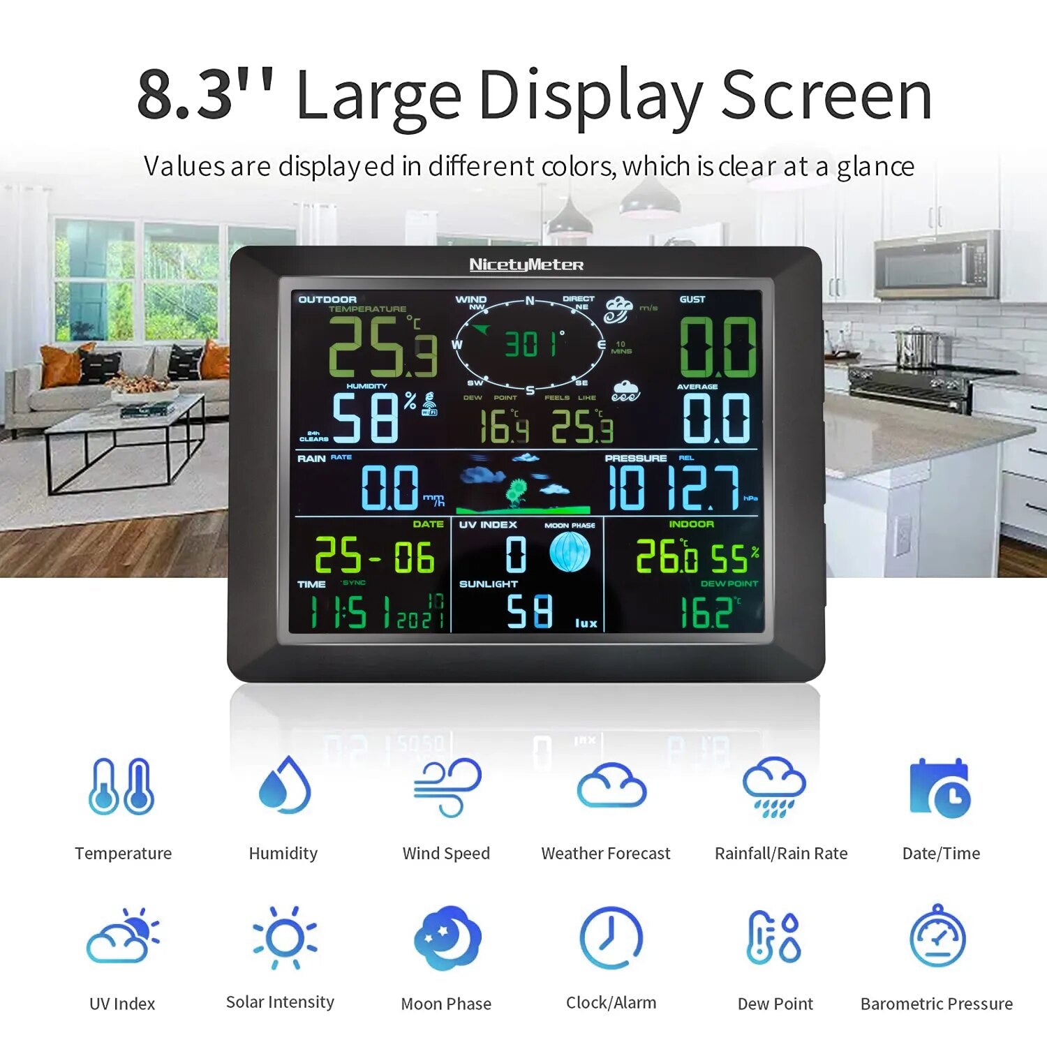 7-in-1 Weather Station Indoor Outdoor Temperature Humidity Wind Speed Direction Rain UV Wireless Color Console Forecast Data