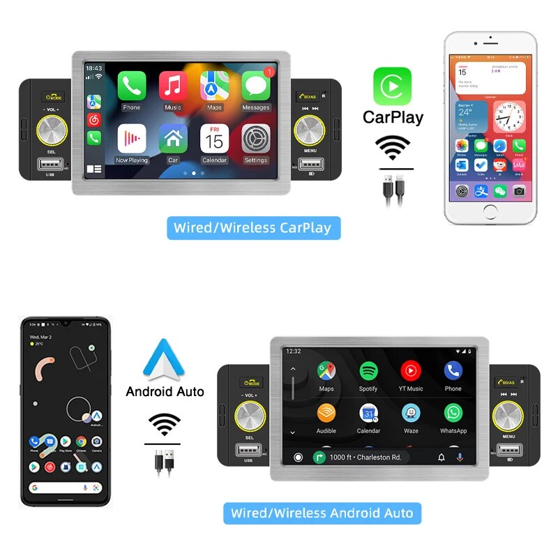 1 Din Wireless CarPlay Car Radio Bluetooth MP5 Player Android-Auto Handsfree A2DP USB RDS FM AM 5" Audio System Head Unit F158W
