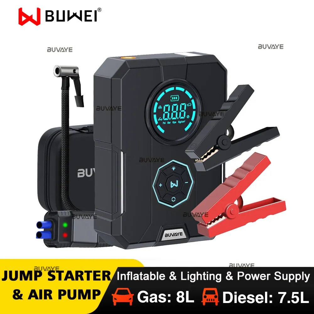 BUWEI 6 In 1 Car Jump Starter Air Pump Multi-Function Air Compressor Power Bank Car Battery Starter Starting Auto Tyre Inflator