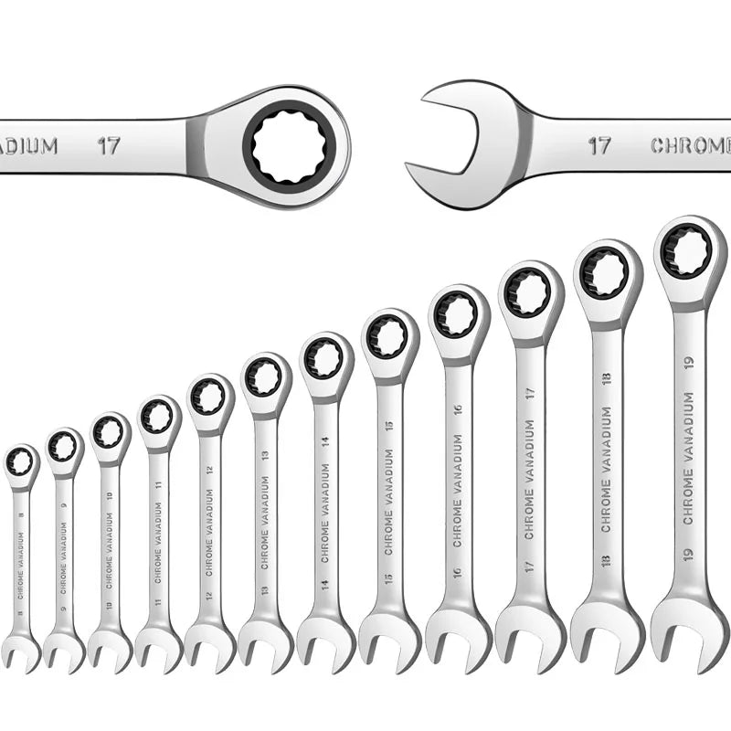 Ratcheting Wrench Set Metric CR-V Full Polished 12-Point Box End Combination Spanner Gear Wrench Garage Tool Set for Mechanics