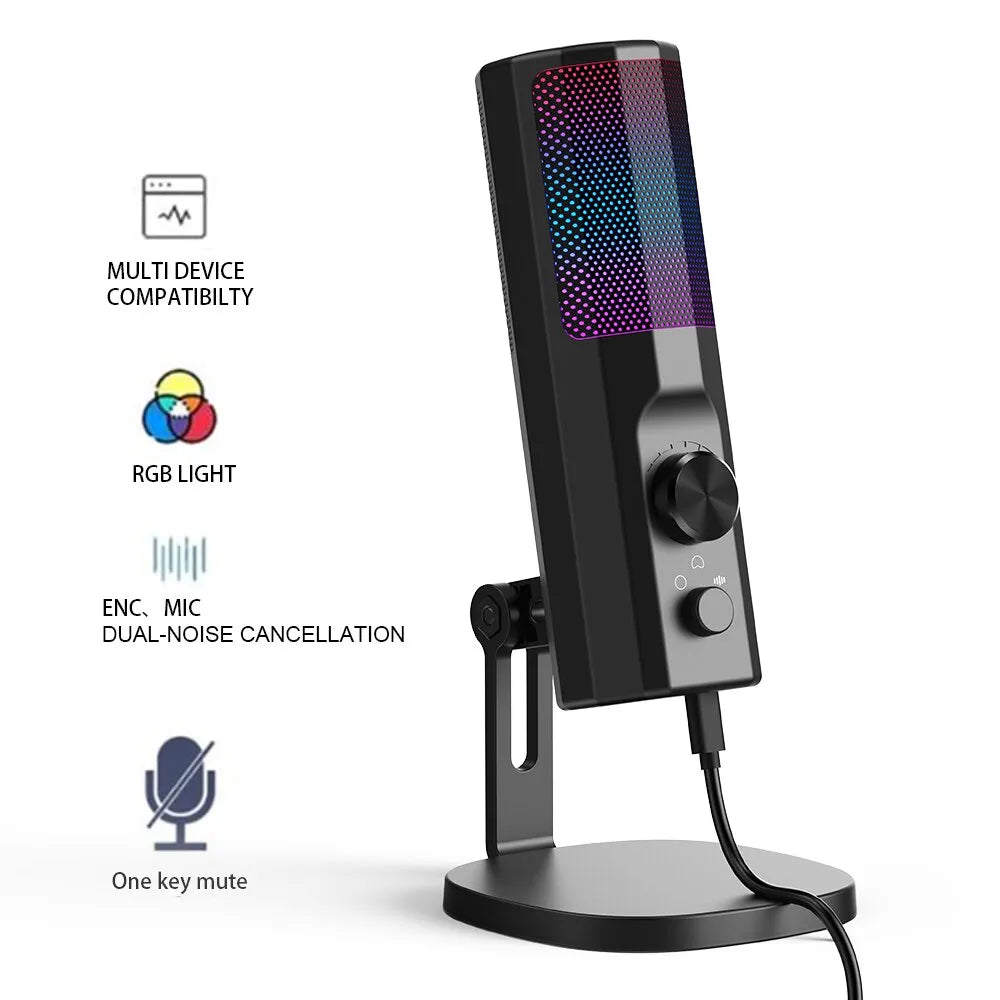 ENC Noise Cancelling Micrphone with RGB LED Light USB Gaming Desktop Condenser Podcast MIC For PC,PS4/PS5,Mac,Android GamerWave