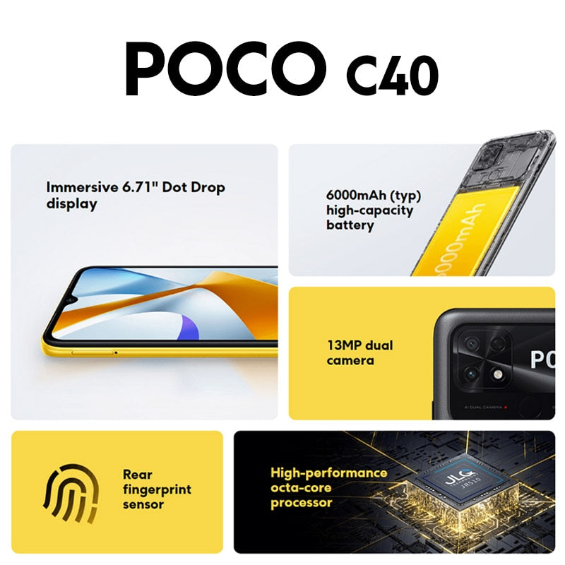New Global Version POCO C40 3GB 32GB / 4GB 64GB 6000mAh battery 6.71”Display JLQ JR510 Octa-core CPU 13MP main camera