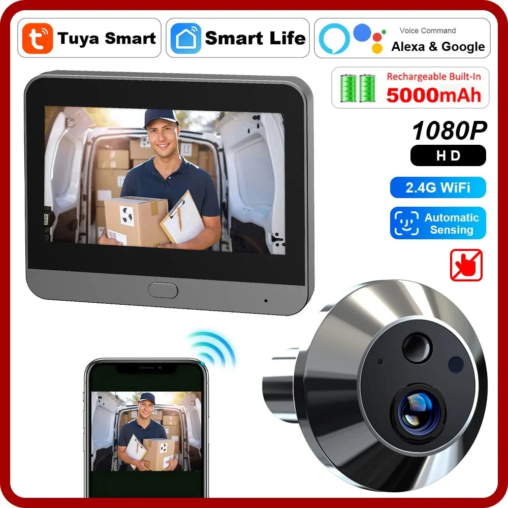 Smart Tuya WiFi Peephole Camera 1080P 2.4G Automatic Sensing Door Eye Camera 4.3 Inch Digital Door Viewer Video Doorbell at Home