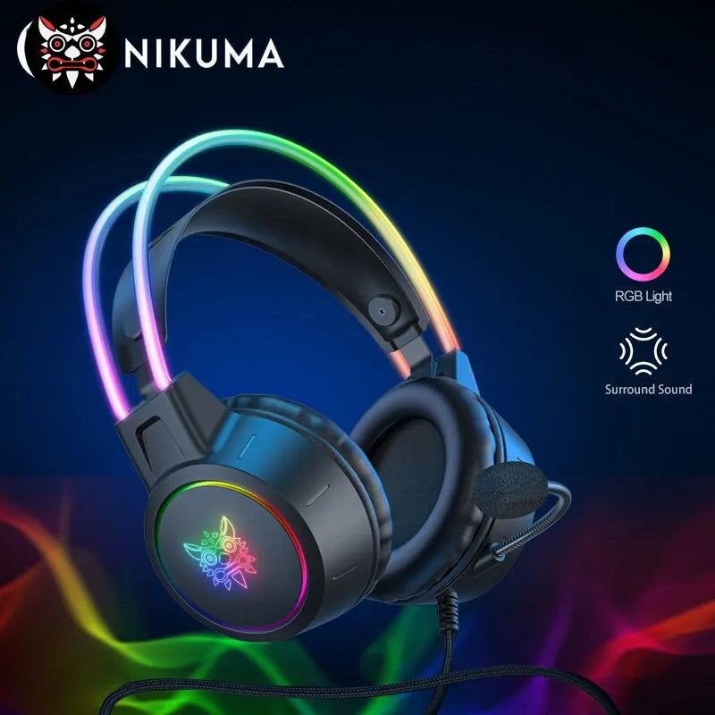 ONIKUMA X15 Pro Over-Ear Headphones Gaming Headset Wired Cancelling Earphones Pink Cat Ears Rgb Light With Mic For PC PS4