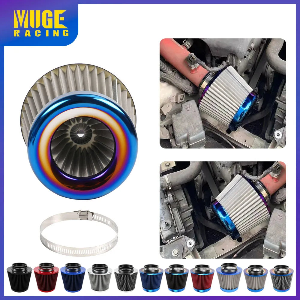 New 76MM Universal Stainless Steel Or Iron Mesh Power Flow Cold Air Filter Burnt Blue Air Intake Filter Induction Kit OFI074
