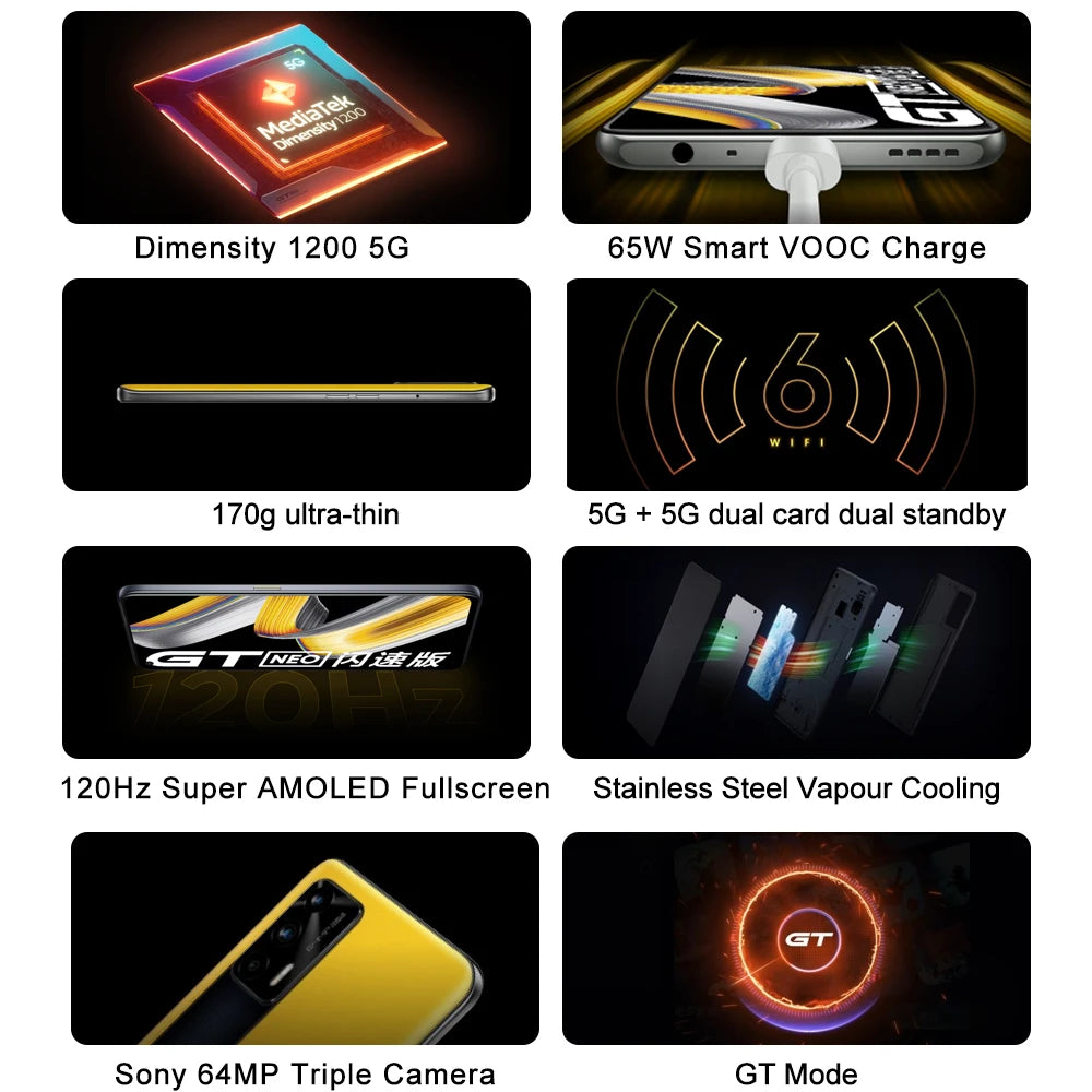 Realme GT Neo Flash Edition 5G Mobile Phone X7 Max 6.43" FHD+ 120Hz Dimensity 1200 Octa Core Cellphone 4500mAh 64MP Smartphones