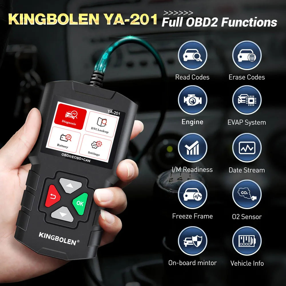 KINGBOLEN YA201 OBDII EOBD Car Code Reader Auto Diagnostic Tool OBD2 Scanner for Car Engine CAN Scan DTC Lookup Lifetime Free