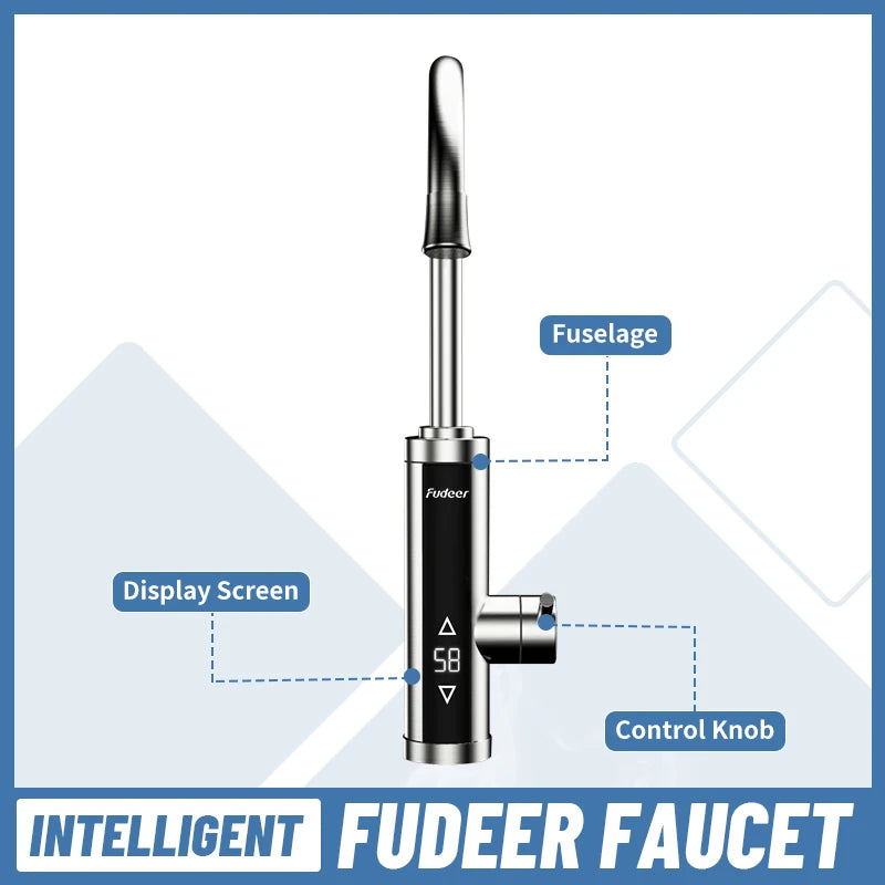 Fudeer Electric Water Heater 220V Kitchen Faucet Tankless Instant Heating Water Tap Flowing Heated Mixer Digital Display Geyser