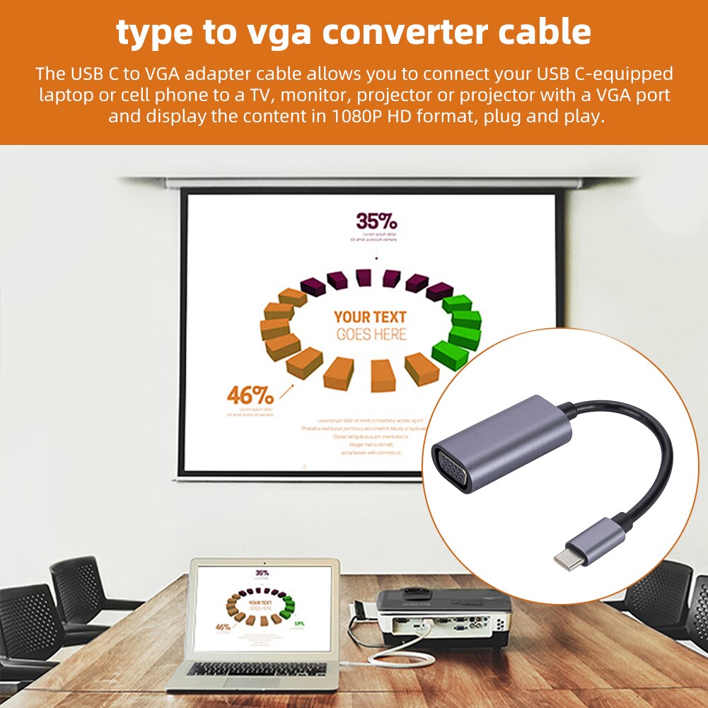 USB C To VGA Converter Cable Support Hot Swapping Display Adapter Cable Plug and Play Mobile Phone Notebook for MacBook Air/Pro