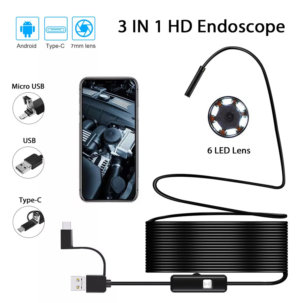 Industrial Endoscope Camera 7mm IP67 Waterproof Inspection Borescope 6LED Adjustable For Android Phones Sewer Car PC USB Type-C