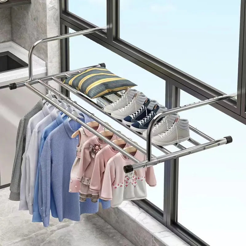 Balcony Telescopic Shoe Rack Coat Hanger Stainless Steel Drying Shoes Clothes Towel Bar Window Shoe Storage Shelf