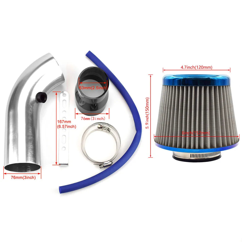 3" 76mm Car Cold Air Intake System Turbo Induction Pipe Tube Kit With Air Filter Cone High Flow Performace Racing