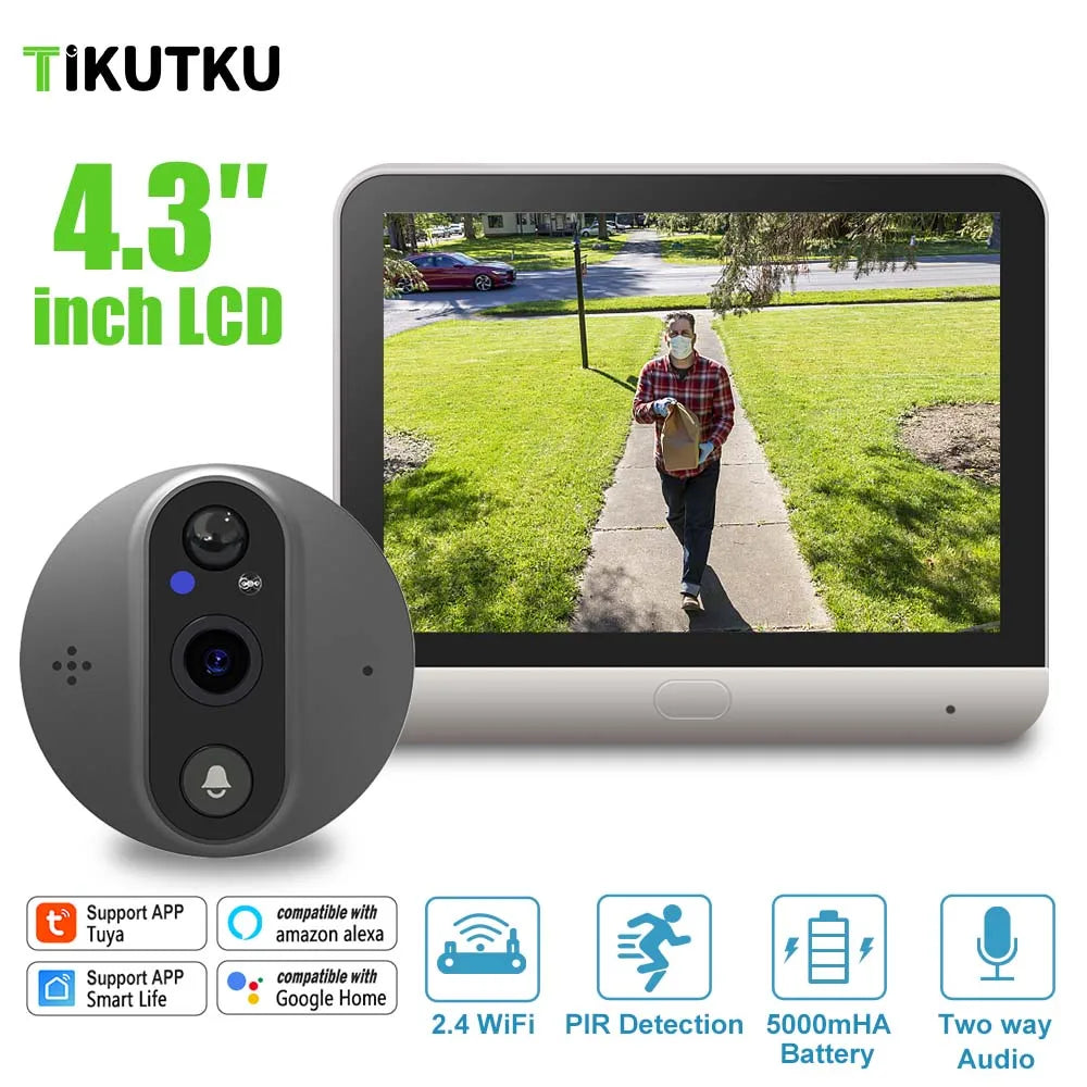 Tuya Video Door Peephole Camera 1080P WiFi 4.3inch LCD Monitor Wireless Indoor Two-way intercom security Protection Surveillance