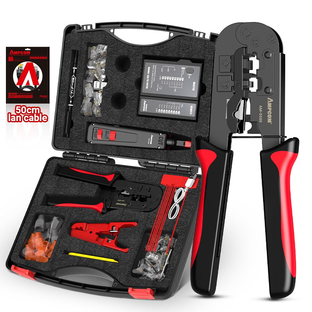 AMPCOM RJ45 Crimper Lan Tester Tool Set Ethernet Cable Stripper Punch Down Tool RJ 45 RJ11 Connectors 12 in 1 Cabling Repair Set