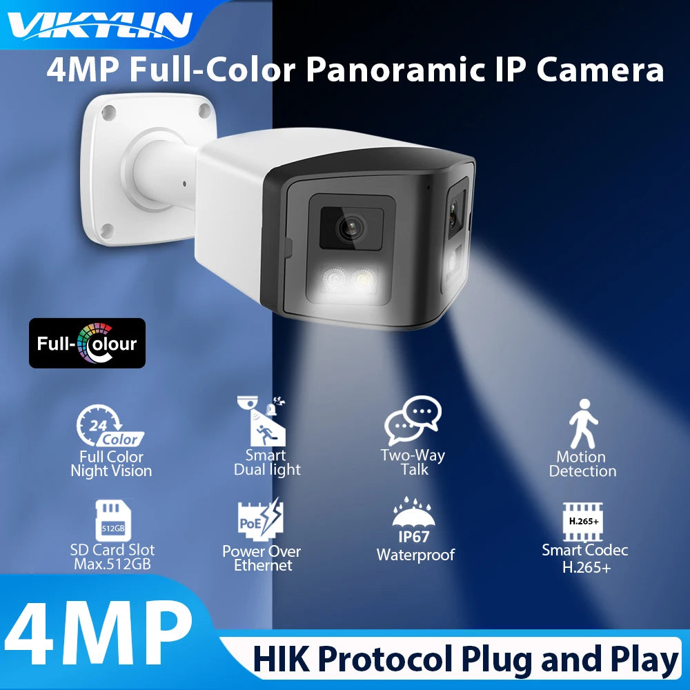 Vikylin Panoramic Security Camera Full Color 4MP Dual Lens 4MM IP Camera For Hikvision Compatible POE CCTV Surveillance Outdoor