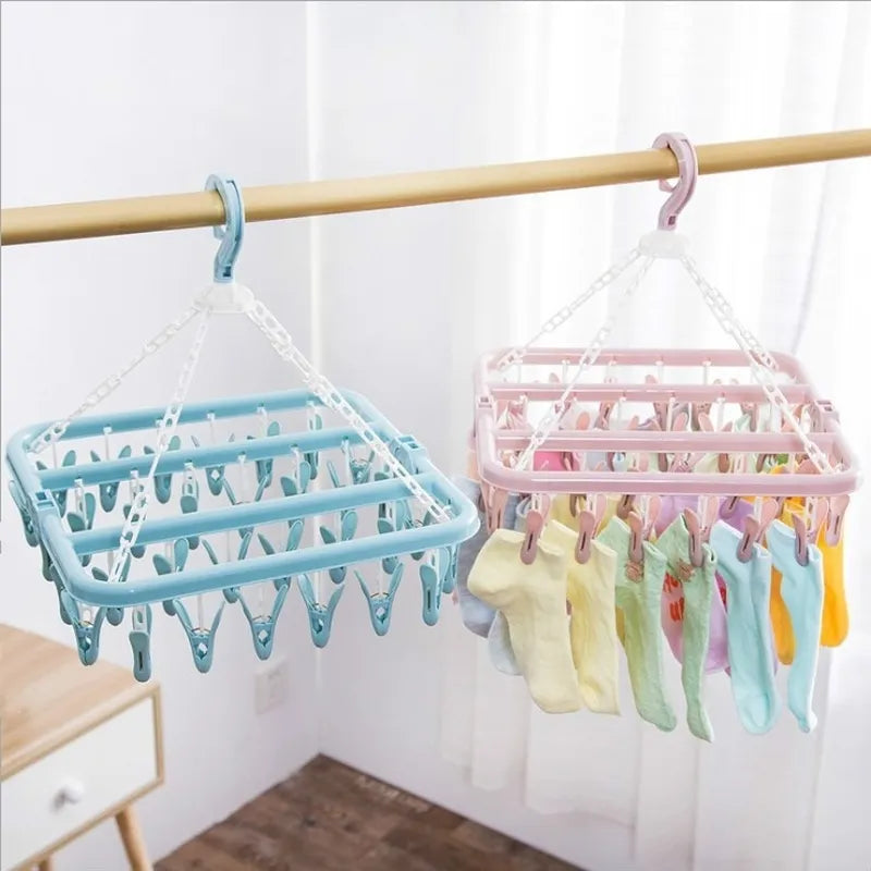 1Pcs 32 Clips Folding Clothes Hanger Dryer Windproof Socks Underwear Drying Rack Baby Clothes Hangers  Organizer  Laundry Rack