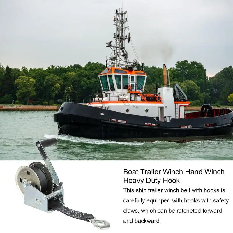 Boat Trailer Winch 600LBs 2-Way Ratchet Heavy Duty Hand Crank Winch Steel Construction Manual Winch with Polyester Strap & Hook