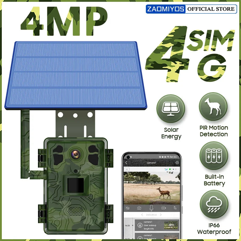 ZAOMIYOS 4MP 4G SIM Card Solar Hunting Trail Camera 14MP Outdoor Waterproof PIR Motion Detection Wildlife Night Vision Camera