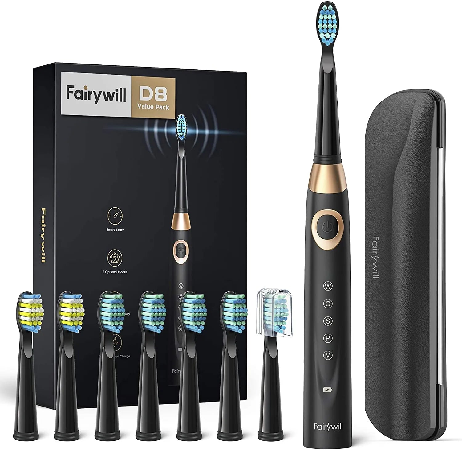 Fairywill Electric Toothbrushes for Adults Kids 5 Modes Smart Timer Rechargeable Whitening Sonic Toothbrush with 8 Brush Heads