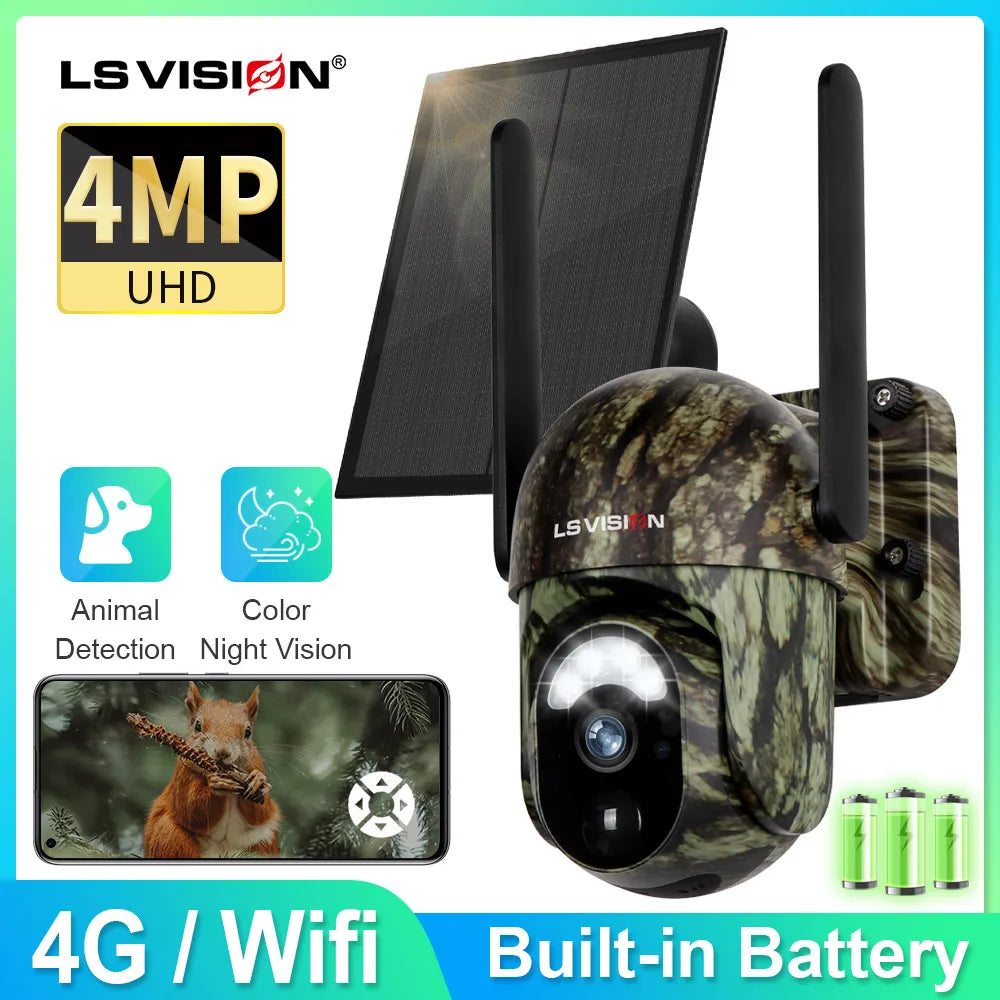 LS VISION 2K 4G Solar Security Camera Wireless Outdoor Human/Animal Detection Night Vision Waterproof Wildlife Hunting Camera