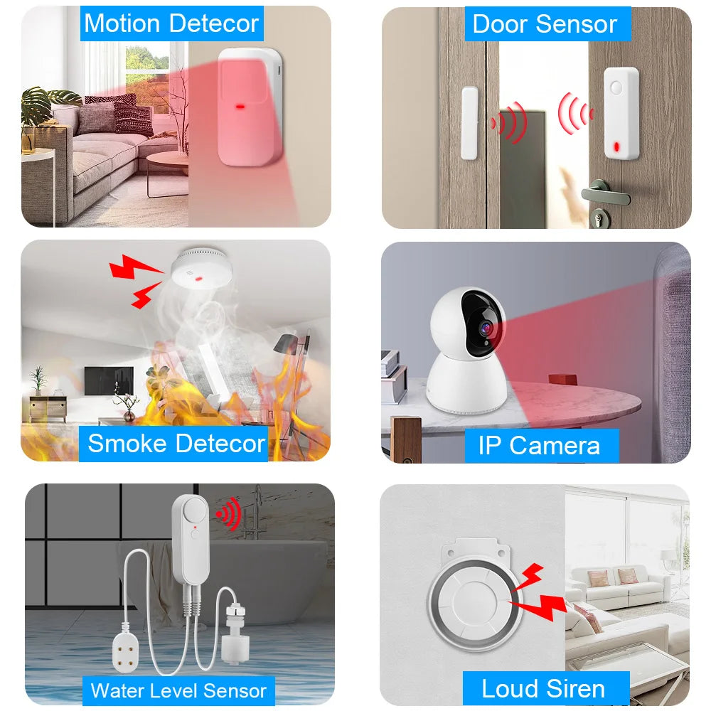 Elecpow Tuya Smart Home WIFI GSM Security Alarm System Wireless Burglar Motion Detector Smoke Door Window Sensor IP Camera