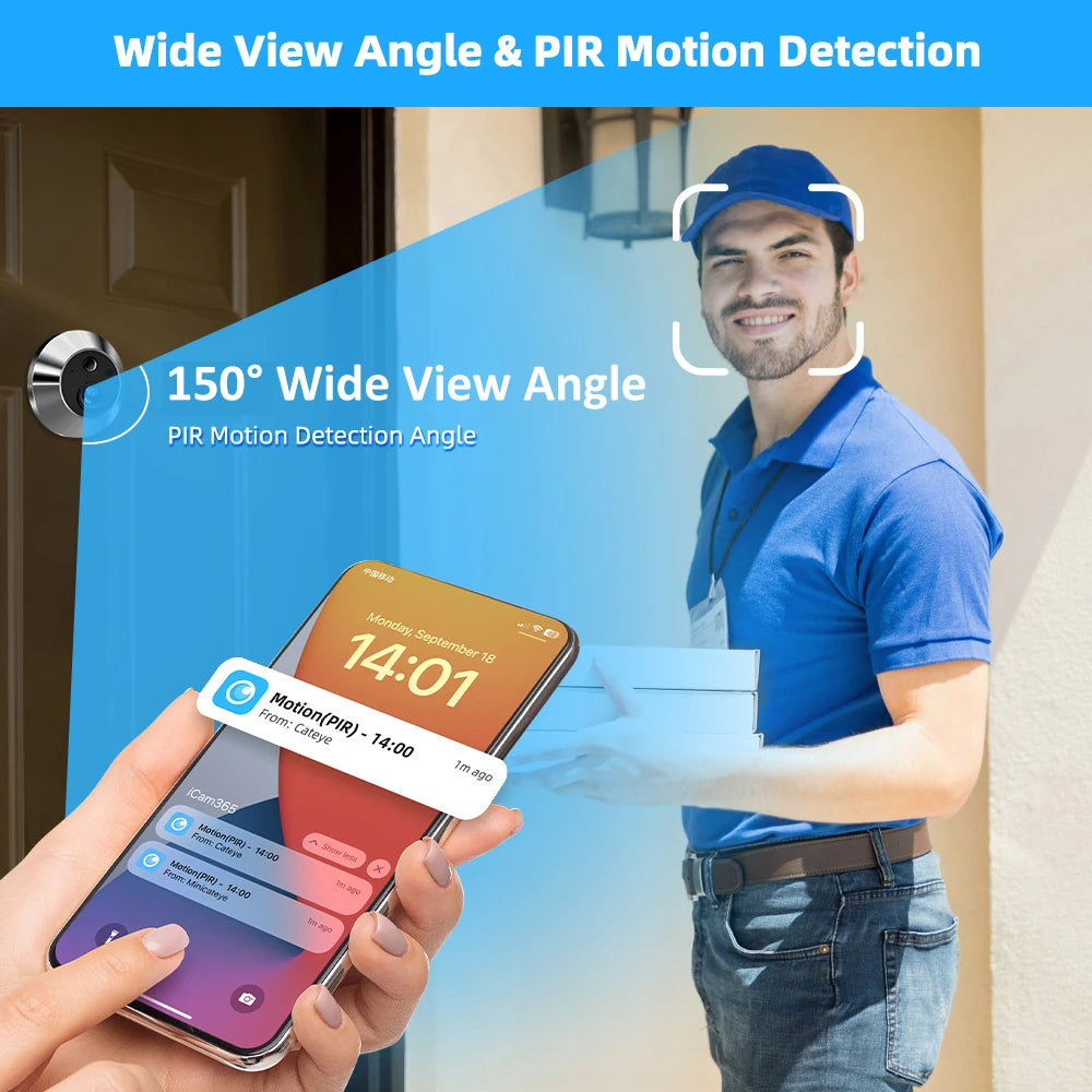 Smart 1080P Mini Digital Peephole Door Camera Wireless WiFi Infrared IR PIR Motion Detection Digital Viewer Doorbell iCam365 APP