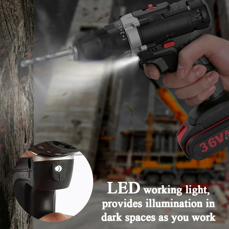 36V 1000W Electric Impact Drill 2 in 1 Electric Cordless Lithium-Ion Battery Mini Electric Power Screwdriver 2 Speed Power Tools