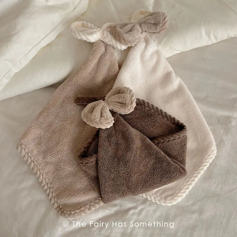 Bow Hand Towel Coral Fleece Hanging Band Towel Highly Absorbent Quick Drying Thickened Cleaning Cloth for Home Kitchen Bathroom