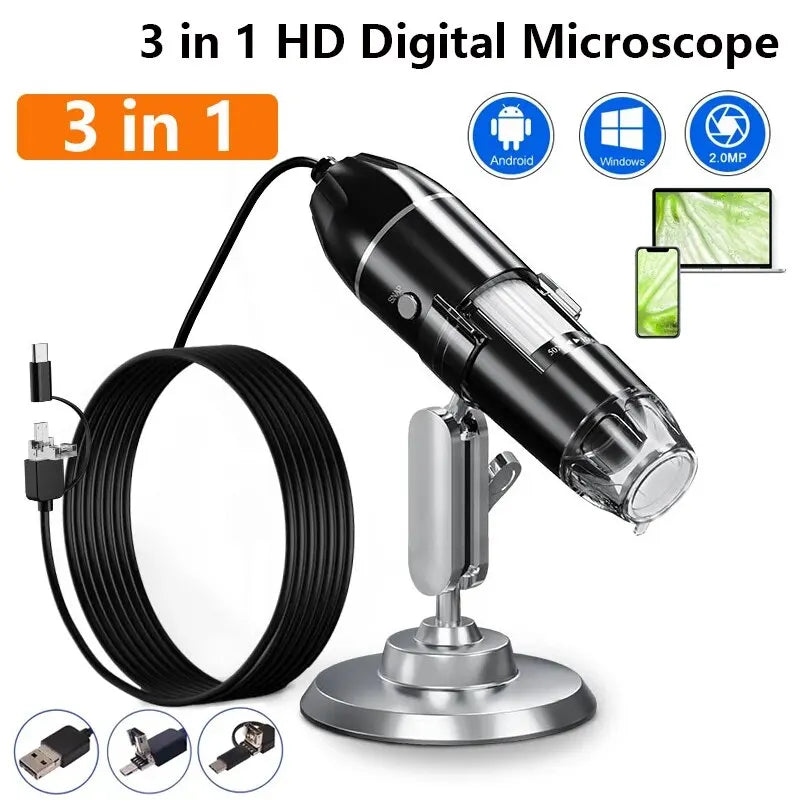 1600X 3in 1 Digital Microscope Camera Portable Electronic Microscope For Soldering LED Magnifier Type-C USB Charge Magnifier