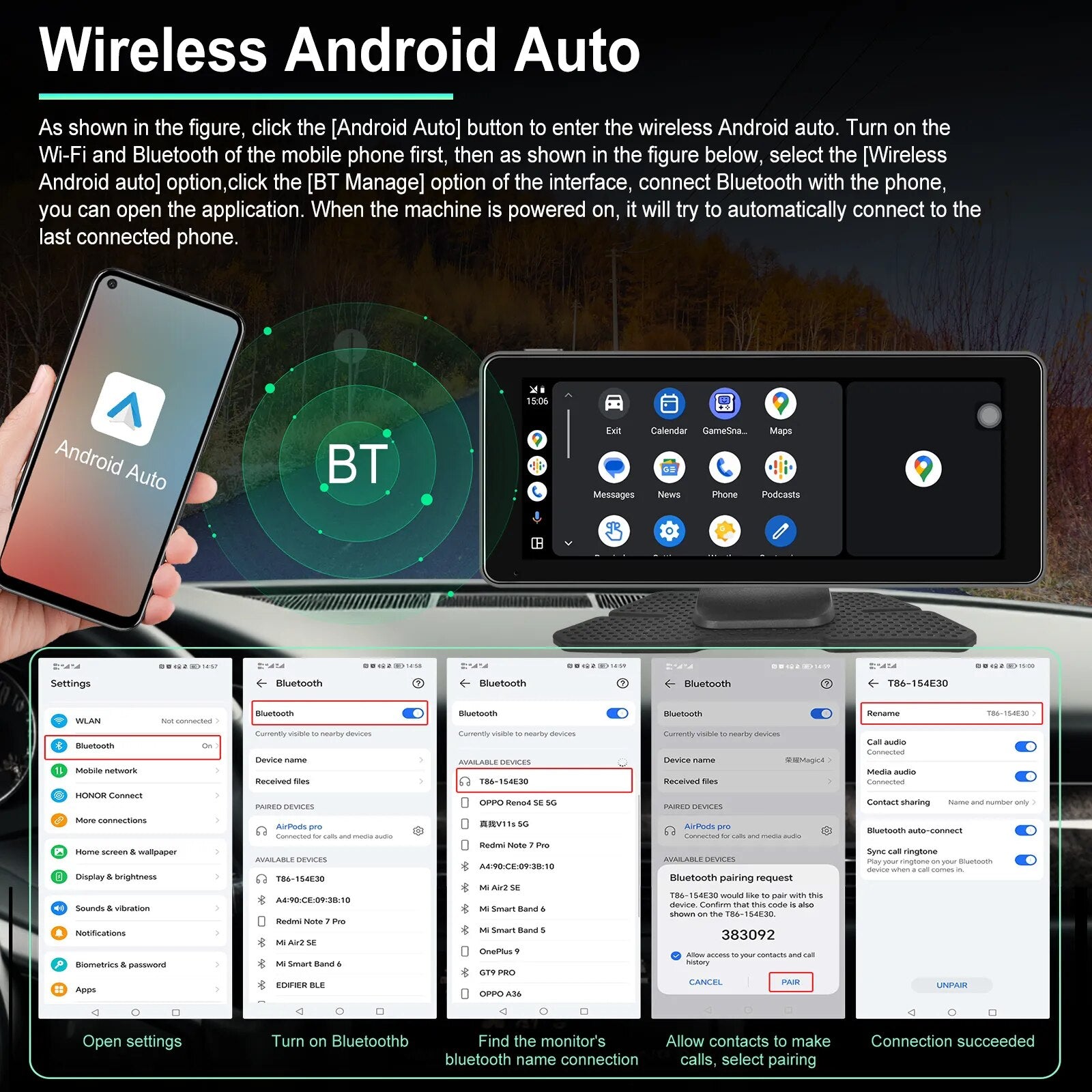 Podofo  6.86" Car Mirror Recording Carplay Android Auto Wireless Connection GPS Navigation HD Screen Dashboard DVR AI Voice