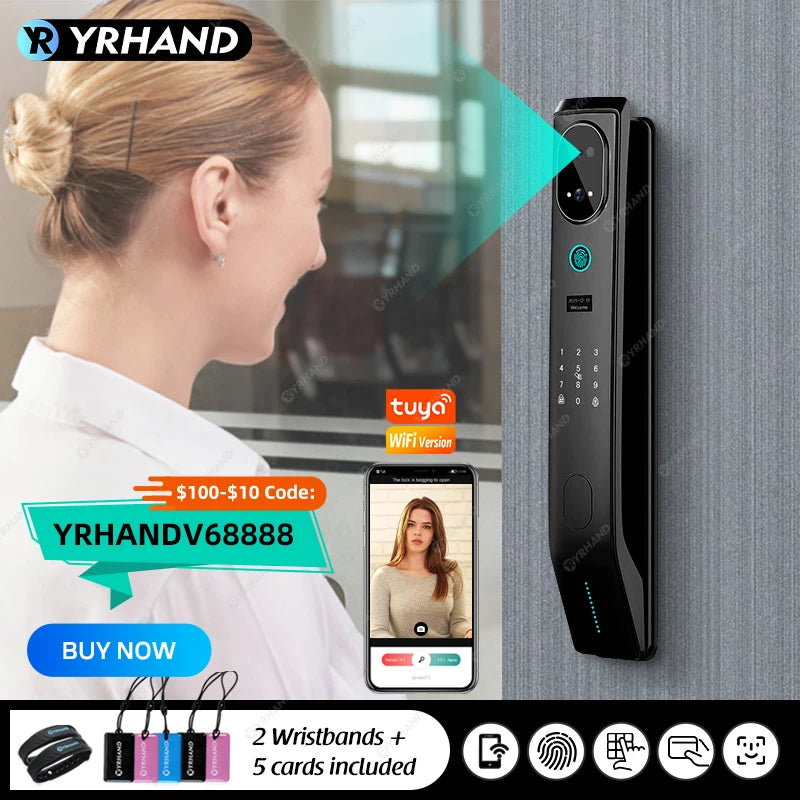 YRHAND V8 Tuya Wifi 3D Face Smart Door Lock Security Camera Intelligent Fingerprint Password Biometric Electronic Key Unlock
