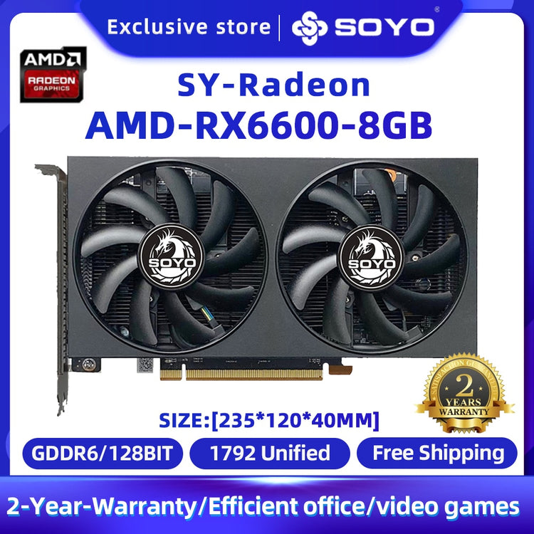 SOYO Original RX 6600 8GB Gaming Graphics Card GDDR6 128Bit 7nm 8PIN 1750-2044 MHZ Computer Video Card Support Desktop RX6600 8G