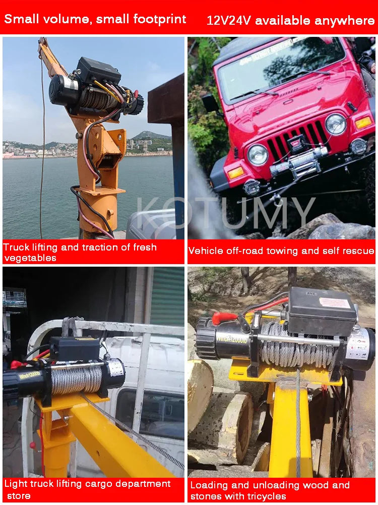 3500lbs/4000lbs/4500lbs Car Mounted Small Crane Electric Hoist 12V/24V Off-road Vehicle Traction Self Rescue Trailer Winch Hoist