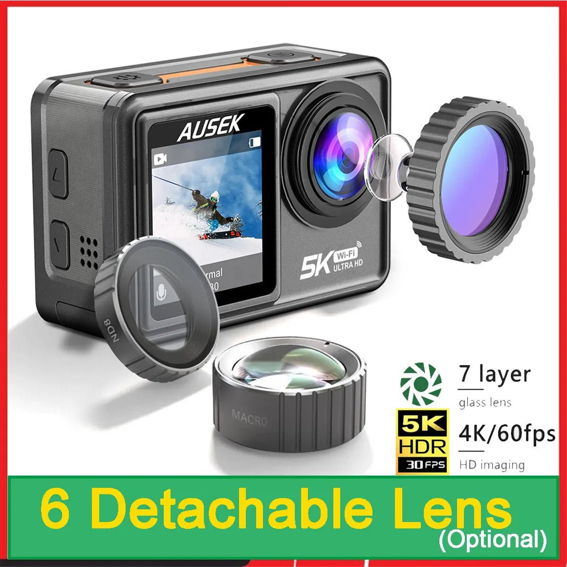 2" IPS Dual Screen Action Camera 5K 30FPS  4K 60FPS 48MP EIS Video With Optional Filter Lens 1080P Webcam Vlog WiFi Sports Cam