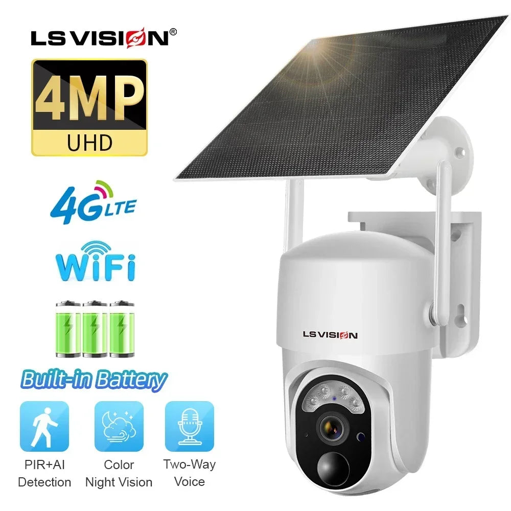 LS VISION 4G SIM Solar Camera 4MP WiFi Outdoor Wireless Color Night Vision PIR Human Detection Secutity Camera Bulit-in Battery