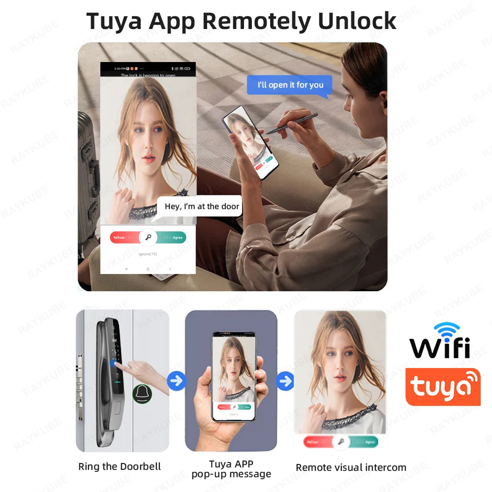 New RAYKUBE X50 Tuya WiFi 3D Face Recognition Digital Fingerprint Door Lock With WiFi Camera Remote APP Video Call 13-language
