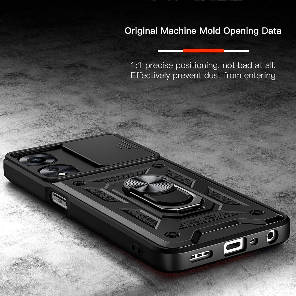KEYSION Shockproof Armor Case for OPPO A78 5G Slide Camera Lens Protection Ring Stand Phone Back Cover for OPPO A58 5G A58X 5G