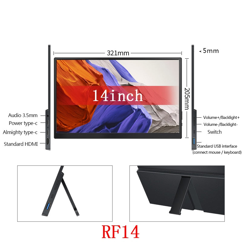 14/15.6 Inch 1920x1080p Portable Monitor 100%sRGB 350Nit with Hidden Stand Ultra Light Extended Display Gaming Screen for Laptop
