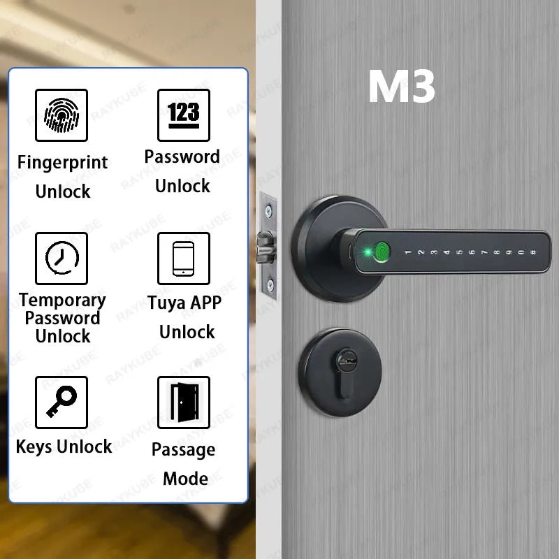 RAYKUBE M3 Tuya BLE Smart Fingerprint Door Lock Password Lock with Keys Smartlife/Tuya APP Unlock For Indoor Wooden Metal Door