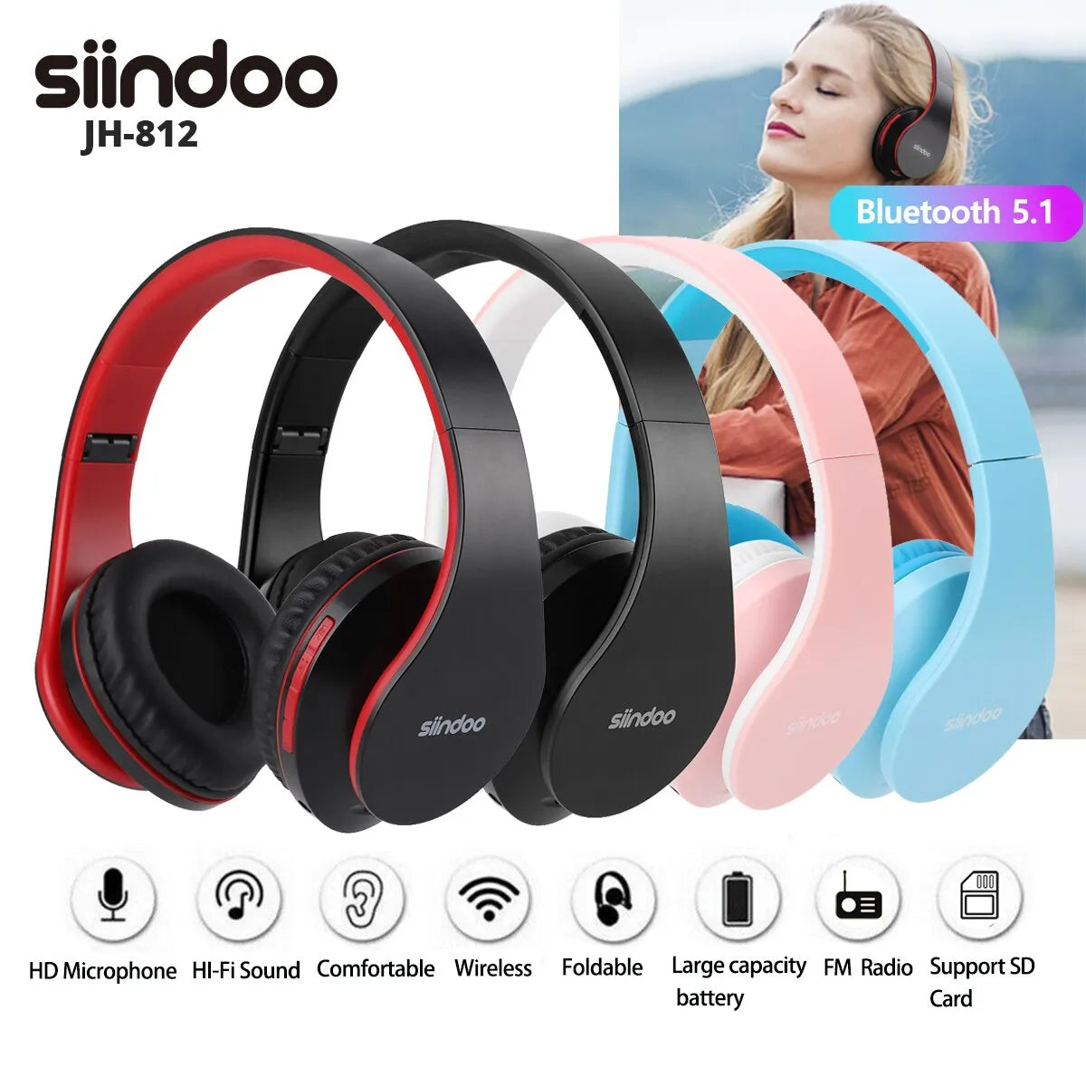Siindoo JH-812 Wireless Headphone Foldable Stereo BT5.1 Earphones Music Headset FM and Support SD Card with Mic for Mobile PC TV