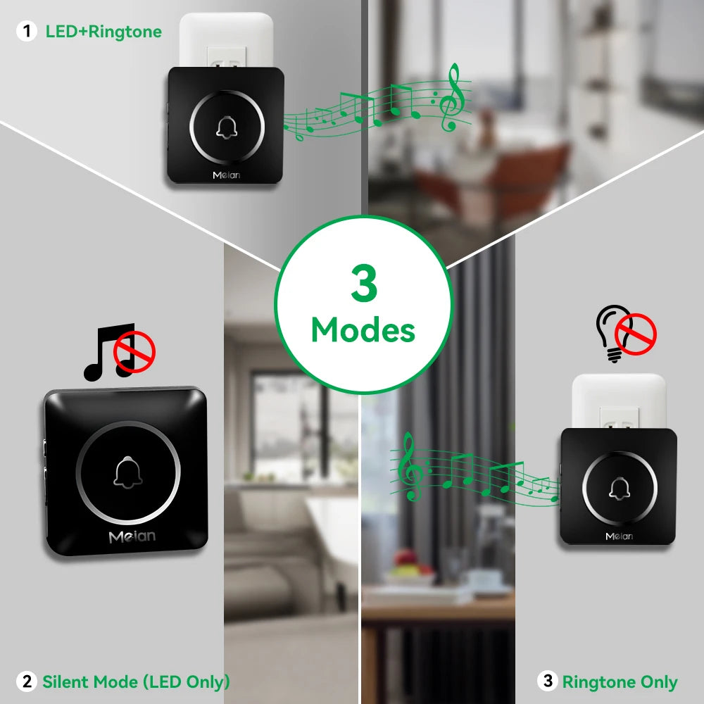 Meian Outdoor Wireless Doorbell Smart Home Welcome Doorbell IP65 Waterproof Door Bell Chime 60 Ringtone LED Flash Security Alarm