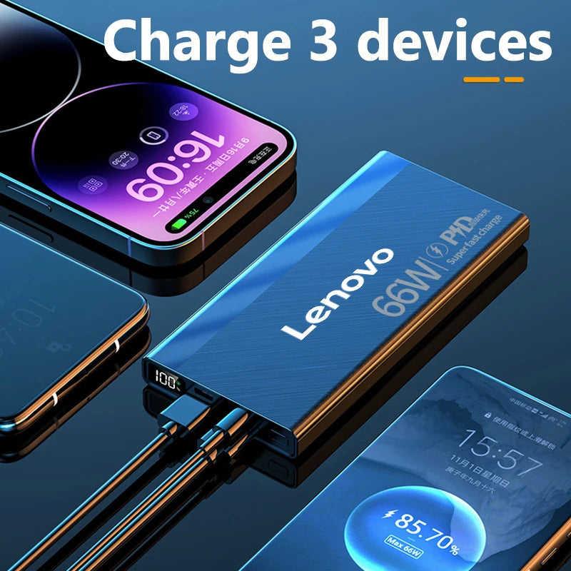 Lenovo 30000mAh Power Bank Built in Cable Mini PowerBank External Battery Portable Charger For iPhone Samsung Xiaomi Power Banks